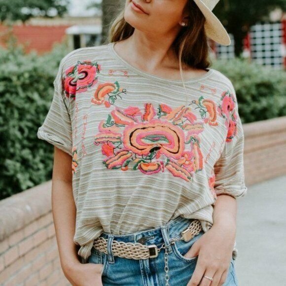 Free People Tops - Free People Catalunya Floral Embroidered Stripe Flowy Boxy Top MEDIUM